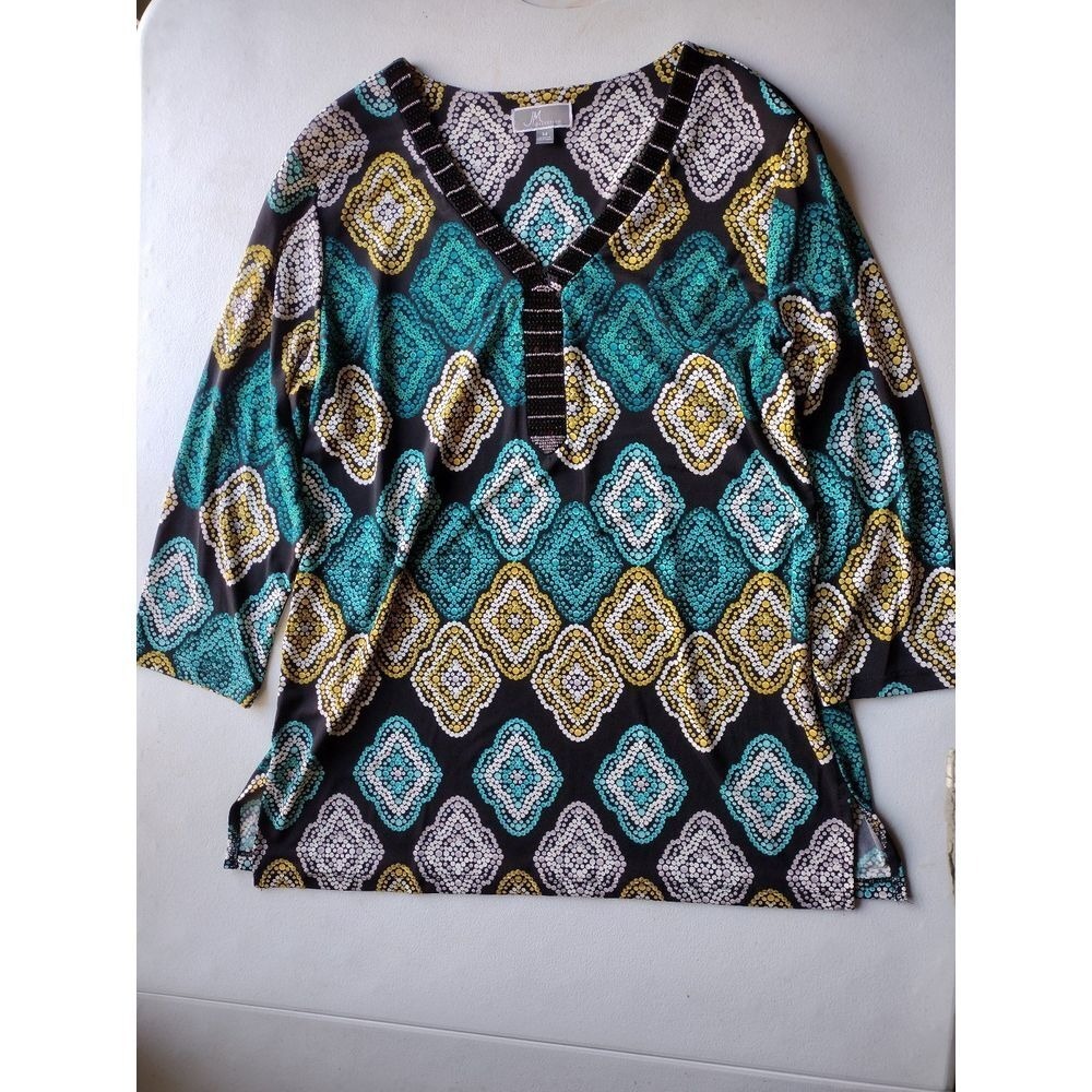JM Collection Women's Size M Black Geometric Beaded Neckline 3/4‎ Sleeve Tunic